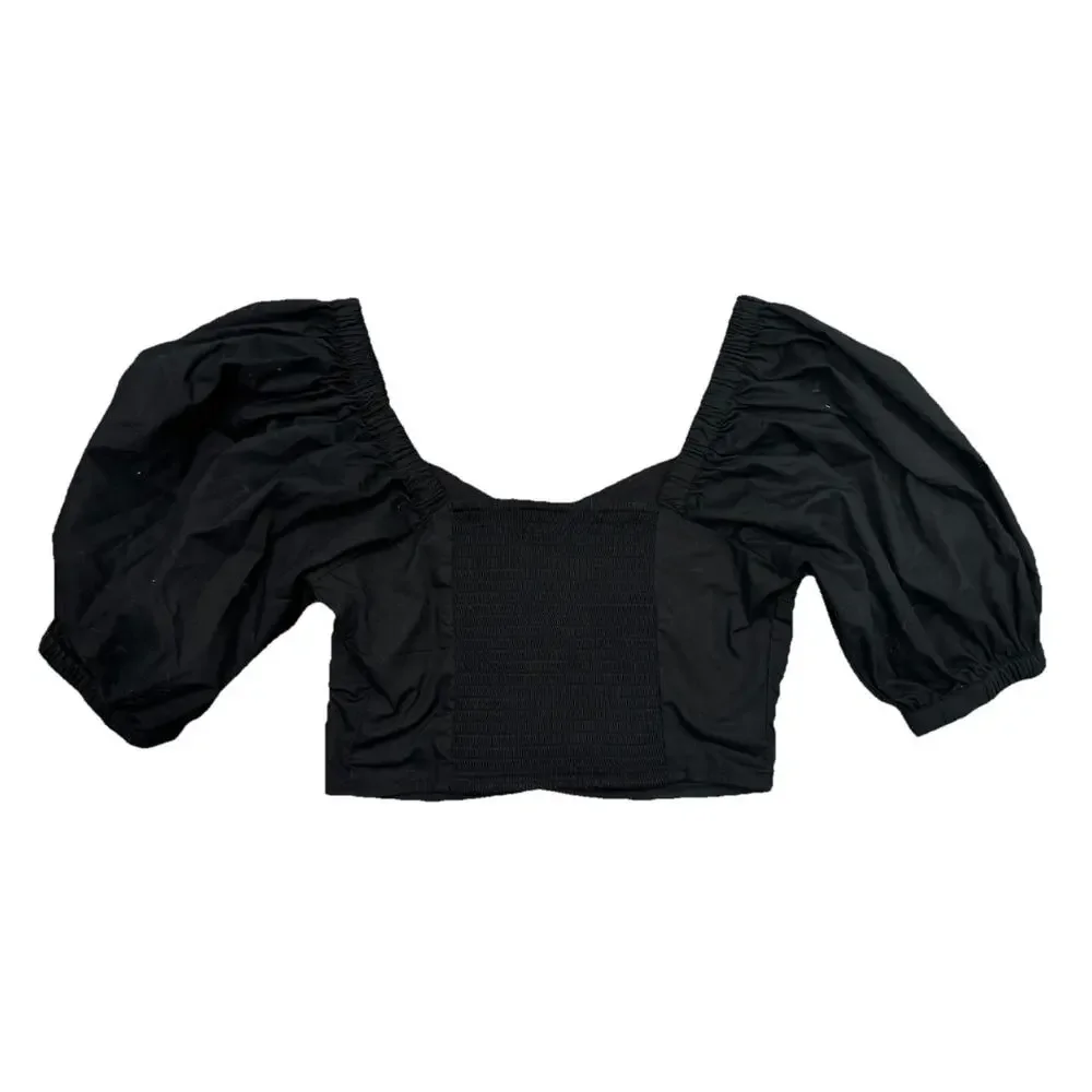 Abercrombie & Fitch Womens Black Smocked Puff Sleeve Crop Top Blouse M